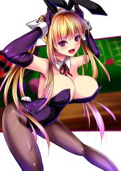 Rule 34 | 1girl, :d, akeyama kitsune, animal ears, arched back, armpits, black gloves, black leotard, blonde hair, blush, breasts, cleavage, detached collar, elbow gloves, fake animal ears, fishnet pantyhose, fishnets, from side, gloves, hairband, leaning forward, leotard, long hair, looking at viewer, looking to the side, neck ribbon, no bra, open mouth, original, pantyhose, pink eyes, playboy bunny, rabbit ears, rabbit pose, ribbon, smile, solo, standing, twintails