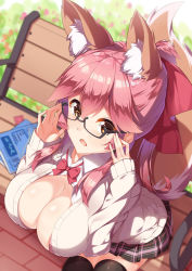 Rule 34 | 1girl, animal ear fluff, animal ears, black legwear, blush, breasts, cleavage, cleavage cutout, clothing cutout, day, extra ears, fang, fate/grand order, fate (series), fox ears, fox tail, glasses, large breasts, long hair, looking up, official alternate costume, open mouth, outdoors, pink hair, ponytail, red ribbon, ribbon, school uniform, solo, tail, tamamo (fate), tamamo no mae (fate/extra), thighs, yellow eyes, yuxian youka