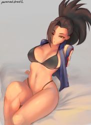 Rule 34 | 1girl, artist name, bed, bikini, black bikini, black eyes, boku no hero academia, breasts, curvy, highres, jacket, large breasts, long hair, looking at viewer, navel, paranoid.droid, ponytail, sitting, solo, stomach, swimsuit, thick thighs, thighs, track jacket, wide hips, yaoyorozu momo