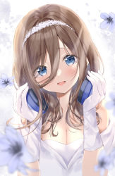 Rule 34 | 1girl, amedamacon, blue eyes, blush, breasts, brown hair, cleavage, dress, flower, gloves, go-toubun no hanayome, hairband, hands on headphones, hands up, headphones, highres, large breasts, long bangs, long hair, looking at viewer, nakano miku, open mouth, shawl, smile, solo, strapless, strapless dress