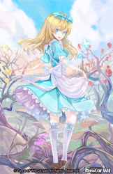 Rule 34 | 1girl, alice (alice in wonderland), apron, back, blonde hair, blue eyes, bow, bug, butterfly, castle, cloud, copyright name, day, flower, force of will, grass, bug, long hair, mushroom, official art, open mouth, rose, sky, solo, teeth, wednesday (starsilver)