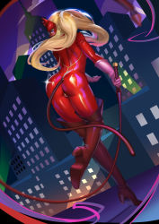 Rule 34 | 1girl, absurdres, ass, blonde hair, bodysuit, boots, city, gloves, high heel boots, high heels, highres, long hair, looking at viewer, mask, mato kuroi, persona, persona 5, purple eyes, skin tight, solo, takamaki anne, twintails, whip
