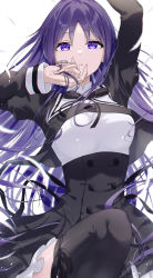 Rule 34 | 1girl, arm up, assault lily, black ribbon, black skirt, black thighhighs, blurry, breasts, buttons, chromatic aberration, commentary, cowboy shot, cropped jacket, depth of field, floating hair, frilled skirt, frills, hand up, high-waist skirt, highres, holding, holding own hair, juliet sleeves, leg ribbon, leg up, light particles, long hair, long sleeves, looking at viewer, medium breasts, meen (ouaughikepdvrsf), neck ribbon, parted lips, puffy sleeves, purple eyes, purple hair, ribbon, school uniform, shirai yuyu, shirt, simple background, skirt, solo, thighhighs, very long hair, white background, white shirt, yurigaoka girls academy school uniform