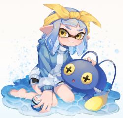 Rule 34 | 1girl, akr tmr, barefoot, black shorts, blue hair, blue jacket, blunt bangs, chinchou, closed mouth, commentary, company connection, creatures (company), crossover, dive ball, dolphin shorts, full body, game freak, gen 2 pokemon, gym shorts, headband, headpat, highres, holding, holding poke ball, hood, hood down, hooded jacket, inkling, inkling girl, inkling player character, jacket, leaning to the side, long sleeves, looking at viewer, mask, medium hair, nintendo, pointy ears, poke ball, pokemon, pokemon (creature), short shorts, shorts, sitting, smile, symbol-only commentary, tentacle hair, wading, wariza, water, white background, yellow eyes, yellow headband