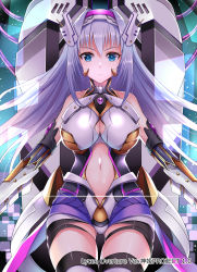 Rule 34 | 1girl, armor, bad id, bad pixiv id, bare shoulders, blue eyes, breasts, cameltoe, character request, commentary request, dot nose, hair between eyes, hairband, harimoji, highres, kamihime project, large breasts, long hair, looking at viewer, navel, official art, parted lips, purple hair, revealing clothes, solo, tagme, teeth