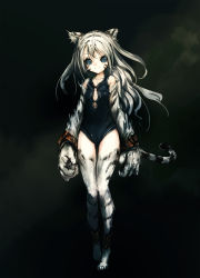 Rule 34 | 1girl, animal ears, ankle cuffs, barefoot, blue eyes, breasts, claws, furry, furry female, highres, hitomaru, leotard, long hair, looking at viewer, original, silver hair, small breasts, smile, solo, tail, tiger ears, whiskers