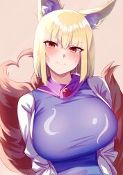 Rule 34 | 1girl, animal ears, blonde hair, blush, breasts, brown background, closed mouth, commentary, fox ears, fox girl, fox tail, heart, heart tail, highres, kitsune, large breasts, looking at viewer, mirufui, multiple tails, red eyes, short hair, simple background, solo, sweatdrop, tabard, tail, touhou, upper body, yakumo ran