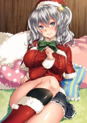 Rule 34 | 10s, 1girl, alternate costume, aran sweater, black socks, blue eyes, blue skirt, blush, boots, bow, breasts, cable knit, christmas ornaments, frilled pillow, frills, fur-trimmed boots, fur trim, green bow, hair between eyes, hair ornament, hat, heart, heart-shaped pillow, highres, indoors, jacket, kantai collection, kashima (kancolle), keita (tundereyuina), large breasts, long sleeves, looking at viewer, on bed, pillow, pleated skirt, red footwear, red jacket, santa hat, silver hair, skirt, smile, socks, solo, sweater, twintails, wooden wall
