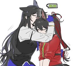 Rule 34 | 2girls, animal ear piercing, animal ears, arknights, battery indicator, black hair, black vest, blue necktie, chinese commentary, closed eyes, commentary request, dual persona, green necktie, highres, jsjdndhidnshssj, long hair, multicolored hair, multiple girls, necktie, recharging, red hair, red shirt, selfcest, shirt, simple background, sketch, sleeves rolled up, streaked hair, texas (arknights), texas (willpower) (arknights), texas the omertosa (arknights), tying another&#039;s hair, upper body, vest, white background, white shirt, wolf ears, wolf girl, yuri