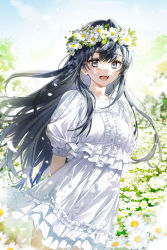 Rule 34 | 1girl, :d, absurdres, arms behind back, black hair, blurry, blurry background, blurry foreground, cover, cover page, dress, fang, field, flower, flower field, frilled dress, frills, grey eyes, hair between eyes, hair ornament, highres, long hair, looking at viewer, ninto, official art, open mouth, original, short sleeves, smile, sparkle, white dress, wreath