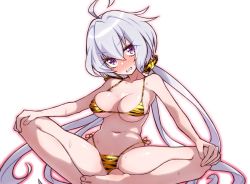Rule 34 | 1girl, ahoge, animal print, arms on knees, bare legs, bare shoulders, barefoot, bikini, blush, breasts, chinese zodiac, collarbone, covered erect nipples, crossed legs, groin, highres, large breasts, light purple hair, long hair, looking at viewer, low twintails, micro bikini, midriff, missile (55missile), navel, parted lips, partially visible vulva, purple eyes, purple hair, scrunchie, senki zesshou symphogear, shiny skin, side-tie bikini bottom, simple background, sitting, skindentation, solo, stomach, string bikini, sweat, swimsuit, tiger print, twintails, white background, year of the tiger, yukine chris