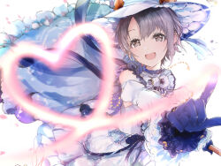 Rule 34 | 1girl, :d, bare shoulders, blue gloves, blurry, bow, bowtie, detached sleeves, dot nose, dress, falling petals, frilled dress, frilled sleeves, frills, gloves, grey eyes, grey hair, hat, heart, highres, idolmaster, idolmaster cinderella girls, idolmaster cinderella girls starlight stage, index finger raised, long sleeves, looking at viewer, open mouth, otokura yuuki, petals, reaching, reaching towards viewer, redeye (artist), short hair, sleeveless, sleeveless dress, smile, solo, white background, white bow, white bowtie, white dress, white hat, white sleeves, witch hat