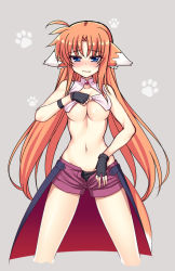 Rule 34 | 00s, 1girl, animal ears, arf, bare shoulders, blue eyes, blush, breasts, cleavage, cleavage cutout, clothes lift, clothing cutout, collarbone, dog ears, embarrassed, fang, fingerless gloves, gloves, grey background, groin, large breasts, long hair, lyrical nanoha, mahou shoujo lyrical nanoha, navel, orange hair, panties, paw print, raiou, shirt lift, shorts, simple background, solo, standing, tail, underboob, underwear, unzipped, waist cape