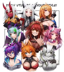 Rule 34 | 6+girls, absurdres, akumi (yoclesh), animal ears, antennae, apricot the lich, apricot the lich (1st costume), black gloves, black nails, black sclera, blue eyes, blue hair, bonnie (bunny gif), breasts, buffpup (vtuber), carrot hair ornament, cleavage, cleavage cutout, clothing cutout, collarbone, colored sclera, colored skin, cone hair bun, dragon girl, dragon horns, dyarikku (vtuber), earrings, fangs, followers favorite challenge, food-themed hair ornament, fox ears, gloves, grey hair, grey jacket, grey skin, grey sweater, hair bun, hair ornament, halterneck, head tilt, heterochromia, highres, holding, holding smoking pipe, hood, hooded jacket, hoodie, hoop earrings, horns, indie virtual youtuber, ironmouse, ironmouse (fallen angel), jacket, jewelry, juniper actias, large breasts, m/, medium breasts, melody (projektmelody), melody (projektmelody) (4th costume), multiple drawing challenge, multiple girls, multiple horns, nail polish, numanoan, off shoulder, one eye closed, oni, orange hair, parted lips, pink eyes, purple eyes, red eyes, red skin, skin fangs, smile, smoking pipe, sweater, v, virtual youtuber, vshojo, vyugen, white hair, wings, yellow eyes, yellow hoodie, zentreya, zentreya (dragon)