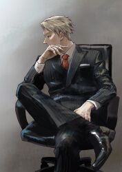Rule 34 | 1boy, black footwear, black socks, brown eyes, chair, cigarette, collared shirt, foot out of frame, formal, grey background, handkerchief, holding, holding cigarette, jujutsu kaisen, long sleeves, male focus, maoyaoyao519, nanami kento, necktie, office chair, pinstripe pattern, pinstripe suit, red necktie, shirt, sitting, socks, solo, striped, suit, swivel chair, undercut, white shirt