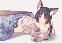 1girl animal_ear_fluff animal_ears bare_shoulders black_hair blush breasts brown_eyes brown_hair brown_sweater cat_ears cat_girl cat_tail censored collarbone commentary_request daidai_ookami grey_background hand_up kotatsu long_hair long_sleeves looking_at_viewer multicolored_hair off-shoulder_sweater off_shoulder original parted_lips ribbed_sweater sleeves_past_wrists small_breasts smile solo streaked_hair sweater table tail