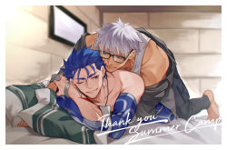 Rule 34 | 2boys, alternate costume, archer (fate), archer (summer casual) (fate), blue hair, brown eyes, couple, cu chulainn (fate), cu chulainn (fate/stay night), cu chulainn (second ascension) (fate), dark-skinned male, dark skin, earrings, fate/grand order, fate/stay night, fate (series), glasses, jewelry, makina (nikki m7 ), male focus, multiple boys, muscular, official alternate costume, on person, red eyes, tank top, undressing, white hair, white tank top, yaoi