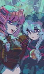 Rule 34 | 2girls, atlus, blue hair, blunt bangs, brown gloves, curse maker, curse maker 2, dark hunter, dark hunter 4, drill hair, etrian odyssey, evil smile, gloves, holding, looking at viewer, lowres, multiple girls, naughty face, oekaki, pink eyes, pink hair, shaded face, smile, twin drills, you gonna get raped