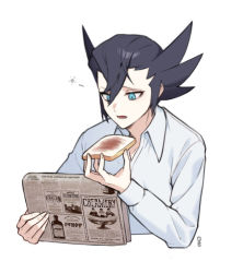 Rule 34 | 1boy, aqua eyes, black hair, bread, collared shirt, commentary request, creatures (company), food, game freak, grimsley (pokemon), holding, holding newspaper, korean commentary, long sleeves, looking down, lower teeth only, male focus, mongguri, newspaper, nintendo, open mouth, pokemon, pokemon bw, reading, shirt, short hair, solo, spiked hair, teeth, tongue, upper body, white shirt