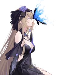 Rule 34 | 1girl, absurdres, black dress, black gloves, black veil, blue butterfly, blue fire, breasts, brown hair, bug, butterfly, butterfly on nose, cleavage, closed eyes, commentary request, cz (mikumikumi), dress, fire, flower, gloves, hair flower, hair ornament, highres, honkai (series), honkai impact 3rd, insect, large breasts, long hair, parted lips, partial commentary, profile, purple flower, purple rose, rita rossweisse, rita rossweisse (fallen rosemary), rose, sitting, veil, very long hair, white background