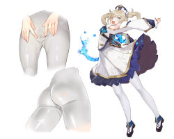 Rule 34 | 1girl, ass, barbara (genshin impact), blonde hair, blue eyes, book, bow, bowtie, censored, denden taiko, dress, frilled skirt, frills, full body, genshin impact, hair ornament, hat, high heels, highres, long sleeves, mosaic censoring, open mouth, pantyhose, pussy, simple background, skirt, smile, solo, spread pussy, spread pussy under clothes, twintails, water, white background, white dress