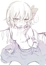 Rule 34 | ..., 1girl, breasts, fang, flandre scarlet, hair between eyes, hair ribbon, honotai, nipples, parted lips, pointy ears, ribbon, simple background, sitting, sketch, skirt, small breasts, solo, spoken ellipsis, suggestive fluid, tongue, topless, touhou, wavy hair, white background, wings