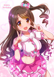 Rule 34 | 1girl, absurdres, blush, bow, breasts, brown eyes, brown hair, cowboy shot, crop top, cropped shirt, dot nose, double v, frilled skirt, frills, hair bow, hair ribbon, hands up, happy birthday, heart, heart background, highres, idolmaster, idolmaster cinderella girls, idolmaster cinderella girls starlight stage, lace, lace-trimmed ribbon, lace trim, long hair, looking at viewer, medium breasts, midriff, miniskirt, navel, one side up, open mouth, pink background, pink check school (idolmaster), pink ribbon, pink skirt, pink wristband, plaid, plaid skirt, ribbon, sakura ran, shimamura uzuki, shirt, short sleeves, skirt, smile, solo, standing, v, white shirt