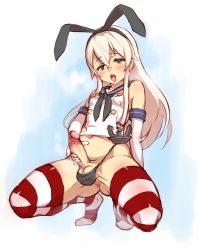 Rule 34 | 10s, 1boy, animal ears, bad id, bad pixiv id, black panties, blonde hair, blue eyes, blush, clothed masturbation, crossdressing, elbow gloves, erection, gloves, hairband, half-closed eyes, highleg, highleg panties, kantai collection, long hair, male masturbation, masturbation, nbo, no shoes, panties, penis, rabbit ears, red thighhighs, sailor collar, shimakaze-kun, shimakaze (kancolle), shimakaze (kantai collection), solo, squatting, striped clothes, striped thighhighs, testicles, thighhighs, tongue, tongue out, trap, uncensored, underwear