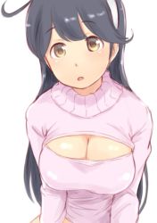 Rule 34 | 10s, 1girl, ahoge, black hair, breasts, cleavage, cleavage cutout, clothing cutout, hairband, kantai collection, large breasts, long hair, looking at viewer, meme attire, open-chest sweater, simple background, solo, sweater, turtleneck, upper body, ushio (kancolle), wa (genryusui), white background, yellow eyes