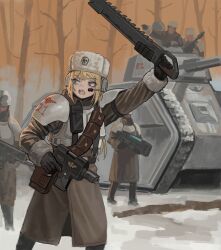 1girl 4boys absurdres ammunition_pouch armor astra_militarum blonde_hair blue_eyes chainsword coat forest fur-trimmed_coat fur_hat fur_trim gun hat headset highres holding holding_weapon long_hair military_coat military_vehicle motor_vehicle multiple_boys nature open_mouth pouch science_fiction shoulder_armor snow soldat_(dndosld73832) tank tree vest warhammer_40k weapon winter