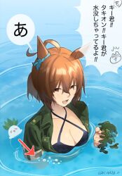 Rule 34 | 1girl, agnes tachyon (lunatic lab) (umamusume), agnes tachyon (umamusume), ahoge, air bubble, animal ears, arrow (symbol), bikini, black bikini, breasts, brown eyes, brown hair, bubble, cleavage, commentary, criss-cross halter, green jacket, halterneck, horse ears, jacket, kii-kun (agnes tachyon) (umamusume), looking at viewer, mandrake, open mouth, partially submerged, riko (ri cotta c), ripples, seaweed, short hair, short ponytail, small breasts, smile, solo, speech bubble, swimsuit, translated, twitter username, umamusume, water, wet, wet hair