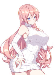 Rule 34 | 1girl, absurdres, bare shoulders, blue eyes, breasts, closed mouth, contrapposto, covered navel, cowboy shot, detached sleeves, dress, hair between eyes, hand on own hip, hand on own chest, highres, large breasts, light blush, long hair, looking at viewer, original, phantom racher, pink hair, ribbed dress, ribbed sweater, shirt, short dress, sideboob, simple background, solo, sweater, sweater dress, taut clothes, taut shirt, tight clothes, tight dress, turtleneck, turtleneck sweater, very long hair, white background, white dress, white sweater