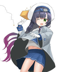 Rule 34 | 1girl, beans, blue skirt, blush, capelet, gloves, green eyes, grey capelet, hat, highres, kantai collection, kuronaga, long hair, long sleeves, masu, matsuwa (kancolle), one eye closed, open mouth, pleated skirt, purple hair, sailor hat, setsubun, simple background, skirt, solo, tears, white background, white gloves, white hat