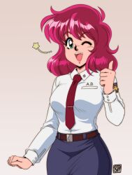 Rule 34 | 0tacat, 1990s (style), 1girl, absurdres, black skirt, breasts, bubblegum crisis, commentary, commission, english commentary, green eyes, highres, large breasts, necktie, nene romanova, one eye closed, open mouth, pencil skirt, raised eyebrow, red hair, red necktie, retro artstyle, signature, skirt, smile, solo, star (symbol), thumbs up, upper body