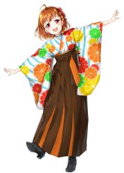 Rule 34 | 1girl, :d, ahoge, black footwear, boots, braid, brown hakama, cross-laced footwear, flower, full body, hair flower, hair ornament, hakama, hakama skirt, high heel boots, high heels, highres, japanese clothes, kimono, lace-up boots, long sleeves, looking at viewer, love live!, love live! school idol festival, love live! sunshine!!, meiji schoolgirl uniform, open mouth, orange hair, orange print, outstretched arms, red eyes, red flower, round teeth, shoe soles, side braid, simple background, skirt, smile, solo, spread arms, standing, standing on one leg, striped clothes, striped kimono, suke (momijigari), takami chika, teeth, upper teeth only, white background, wide sleeves