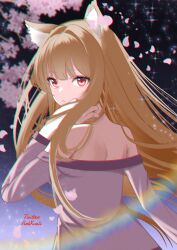 Rule 34 | 1girl, absurdres, animal ears, bare shoulders, blonde hair, cherry blossoms, closed mouth, dress, from behind, hand in own hair, highres, holo, long hair, looking at viewer, looking back, purple dress, red eyes, solo, spice and wolf, strapless, strapless dress, twitter username, wolf ears, wolf girl, xueli shimazaki