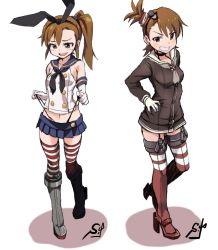 Rule 34 | 2girls, amatsukaze (kancolle), amatsukaze (kancolle) (cosplay), boots, brown eyes, brown hair, cosplay, crossover, dress, elbow gloves, futami ami, futami mami, garter straps, gloves, grey footwear, idolmaster, idolmaster (classic), kantai collection, knee boots, lifted by self, multiple girls, panties, panty lift, sailor dress, school uniform, serafuku, shift (waage), shimakaze (kancolle), shimakaze (kancolle) (cosplay), short dress, short hair, siblings, side ponytail, sisters, striped clothes, striped legwear, striped thighhighs, thighhighs, twins, underwear, wedgie, zettai ryouiki