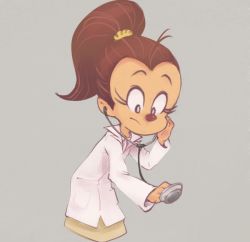 Rule 34 | 1girl, black eyes, brown hair, clown nose, coat, conoghi, doctor, grey background, lab coat, leaning forward, long hair, long sleeves, looking down, luan loud, nickelodeon, ponytail, scrunchie, simple background, solo, standing, stethoscope, the loud house, upper body, white coat