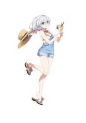 Rule 34 | 1girl, bare shoulders, bikini, blue eyes, bow, cup, hair between eyes, hat, highres, holding, holding cup, honkai (series), honkai impact 3rd, looking at viewer, pink bow, sandals, simple background, smile, solo, straw hat, swimsuit, sylvia (huajiuhuajiu), theresa apocalypse, white hair