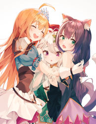 Rule 34 | 3girls, absurdres, ahoge, animal ear fluff, animal ears, antenna hair, bare shoulders, black hair, blush, braid, breasts, cat ears, cat girl, cat tail, closed eyes, detached sleeves, dress, fang, flower, girl sandwich, gloves, green dress, green eyes, hair between eyes, hair flower, hair ornament, hair ribbon, highres, hug, karyl (princess connect!), kokkoro (princess connect!), large breasts, long hair, long sleeves, looking at viewer, low twintails, multicolored hair, multiple girls, munseonghwa, open mouth, orange hair, pecorine (princess connect!), pointy ears, princess connect!, puffy short sleeves, puffy sleeves, red eyes, red ribbon, ribbon, sandwiched, short hair, short sleeves, simple background, sleeveless, small breasts, smile, streaked hair, tail, tiara, twintails, white background, white flower, white hair