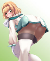 Rule 34 | 00s, 1girl, ass, bent over, blonde hair, blush, female focus, gloves, green eyes, hairband, huge ass, kihaiu, looking at viewer, looking back, natalia luzu kimlasca lanvaldear, panties, panties under pantyhose, pantyhose, pantyshot, short hair, simple background, solo, tales of (series), tales of the abyss, thighhighs, underwear, upskirt