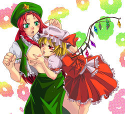 Rule 34 | 2girls, bad id, bad pixiv id, blonde hair, braid, breasts, china dress, chinese clothes, dress, female focus, flandre scarlet, green eyes, hat, hong meiling, lactation, large breasts, long hair, miero, multiple girls, nipples, one side up, open clothes, open shirt, ponytail, red eyes, red hair, shirt, short hair, side ponytail, embodiment of scarlet devil, touhou, twin braids, wings, yuri