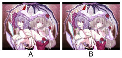 Rule 34 | 2girls, aged up, ao usagi, breasts, comparison, female focus, flandre scarlet, flat chest, foreshortening, large breasts, multiple girls, remilia scarlet, siblings, sisters, touhou