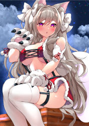 Rule 34 | 1girl, animal ear fluff, animal ears, animal hands, azur lane, bow, braid, breasts, capelet, christmas, cleavage, cloud, dog ears, fang, gloves, grey hair, hair bow, highres, large breasts, legwear garter, long hair, looking at viewer, open mouth, panties, panty peek, paw gloves, red eyes, red skirt, ryoutsu, sack, scarf, single braid, sitting, skindentation, skirt, sky, smile, solo, star (sky), starry sky, stomach, suspender skirt, suspenders, thick eyebrows, thigh strap, thighhighs, two side up, underwear, very long hair, white bow, white scarf, white thighhighs, yuudachi (azur lane), yuudachi (woofy floofy christmas night) (azur lane)