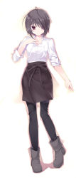 Rule 34 | 1girl, ahoge, apron, black hair, boots, employee uniform, hair over one eye, hand on another&#039;s chest, hand on own chest, highres, ooba kagerou, original, pants, pink eyes, ribbon, short hair, smile, solo, uniform, waist apron