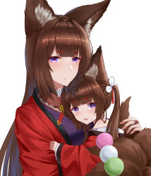 Rule 34 | + +, 2girls, absurdres, aged down, amagi-chan (azur lane), amagi (azur lane), animal ears, azur lane, blunt bangs, brown hair, carrying, carrying person, chibi, commentary request, dango, drooling, food, fox ears, fox girl, fox tail, frozen-sad, highres, holding, hug, japanese clothes, kimono, kitsune, kyuubi, long hair, mother and daughter, multiple girls, multiple tails, name connection, off shoulder, parted lips, purple eyes, sidelocks, simple background, symbol-shaped pupils, tail, thick eyebrows, twintails, wagashi, white background, wide sleeves