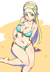 Rule 34 | 1girl, absurdres, alternate costume, aqua bikini, arm behind back, arm support, bare arms, bare legs, bare shoulders, barefoot, bikini, blonde hair, blue bikini, braid, breasts, cleavage, closed mouth, collarbone, crown braid, front-tie bikini top, front-tie top, furrowed brow, green eyes, hair ornament, hairclip, hand on own chest, hand up, highres, large breasts, long hair, looking at viewer, midriff, navel, nintendo, pointy ears, princess zelda, shiny skin, side-tie bikini bottom, sitting, smile, solo, straight hair, swimsuit, the legend of zelda, the legend of zelda: breath of the wild, thick eyebrows, yukichiko