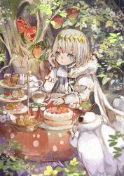 Rule 34 | 1boy, ame sato, animal, apple, blanca (fate), blue eyes, bug, cake, caterpillar, cherry, circlet, cloak, cup, cupcake, fate/grand order, fate (series), flower, food, fruit, fur-trimmed cloak, fur trim, hair between eyes, insect, juliet sleeves, long sleeves, looking at viewer, macaron, male focus, moth, mushroom, oberon (fate), orange (fruit), orange slice, oversized animal, pastry, pie, puffy sleeves, robe, saucer, short hair, smile, solo, strawberry, swiss roll, teacup, teapot, tiered tray, tree, white flower, white robe