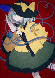 Rule 34 | 1girl, absurdres, aqua eyes, black hat, blouse, bow, closed mouth, collared shirt, cowboy shot, floral print, frilled skirt, frills, green skirt, grey hair, hat, hat bow, hat ribbon, heart, heart of string, highres, holding, holding knife, knife, komeiji koishi, light smile, long sleeves, looking at viewer, medium hair, one eye covered, print skirt, red background, ribbon, rose print, shirt, shocho (shaojiujiu), simple background, skirt, solo, third eye, touhou, wide sleeves, yellow bow, yellow ribbon, yellow shirt