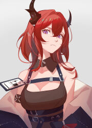 Rule 34 | 1girl, absurdres, arknights, bare shoulders, belt, black belt, black collar, black jacket, breasts, chest strap, cleavage, closed mouth, collar, commentary, demon girl, demon horns, detached collar, grey background, hair between eyes, hair intakes, highres, horns, id card, jacket, jacket partially removed, looking at viewer, medium breasts, medium hair, purple eyes, red hair, shirt, simple background, sleeveless, sleeveless shirt, slit pupils, solo, surtr (arknights), upper body, wesly2300